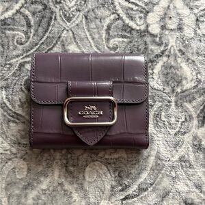 Coach Purple Croc-Embossed Leather Flap Wallet with Silver Buckle
